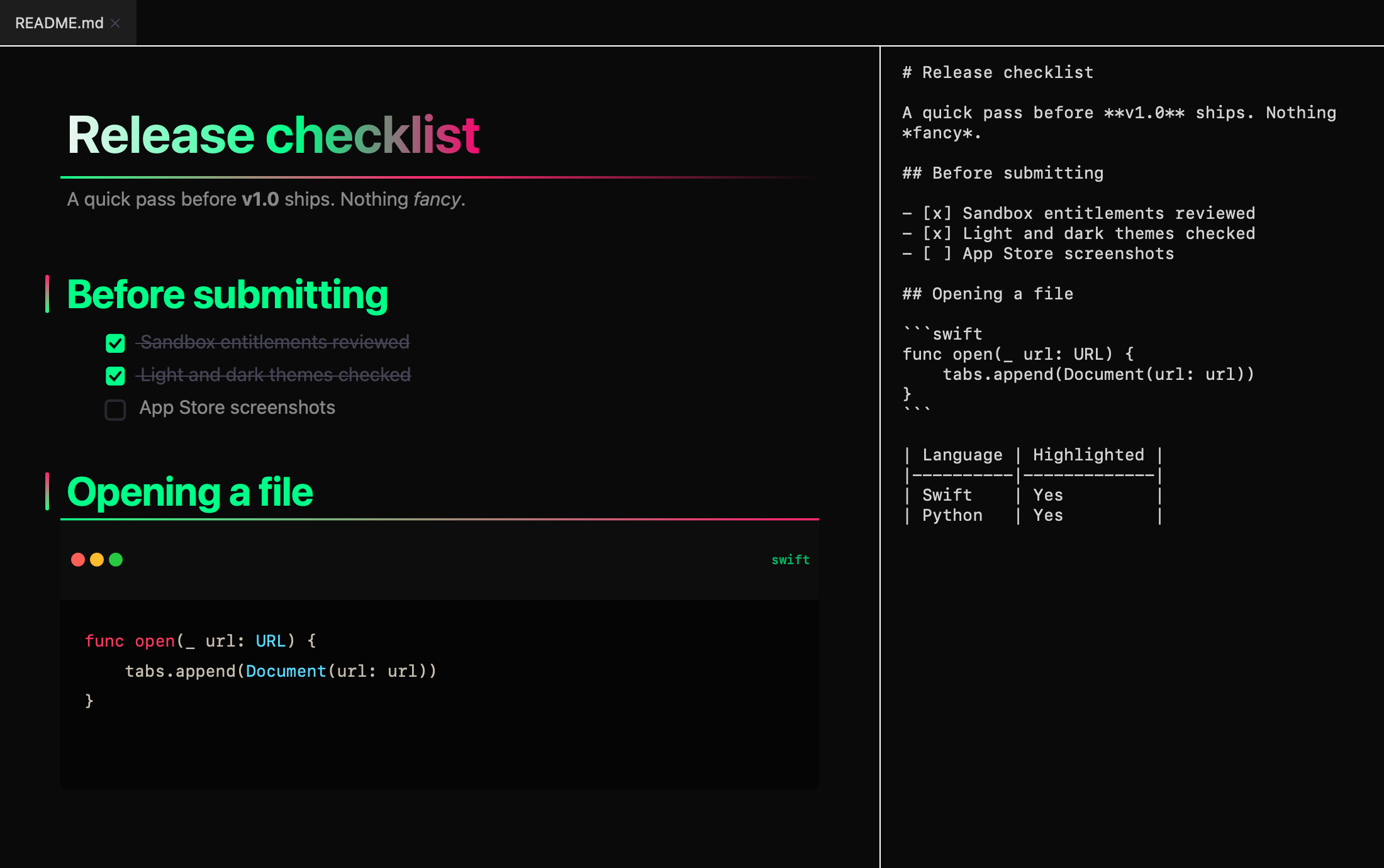 JustMD in dark mode: a rendered checklist with neon headings on the left, its raw Markdown on the right.