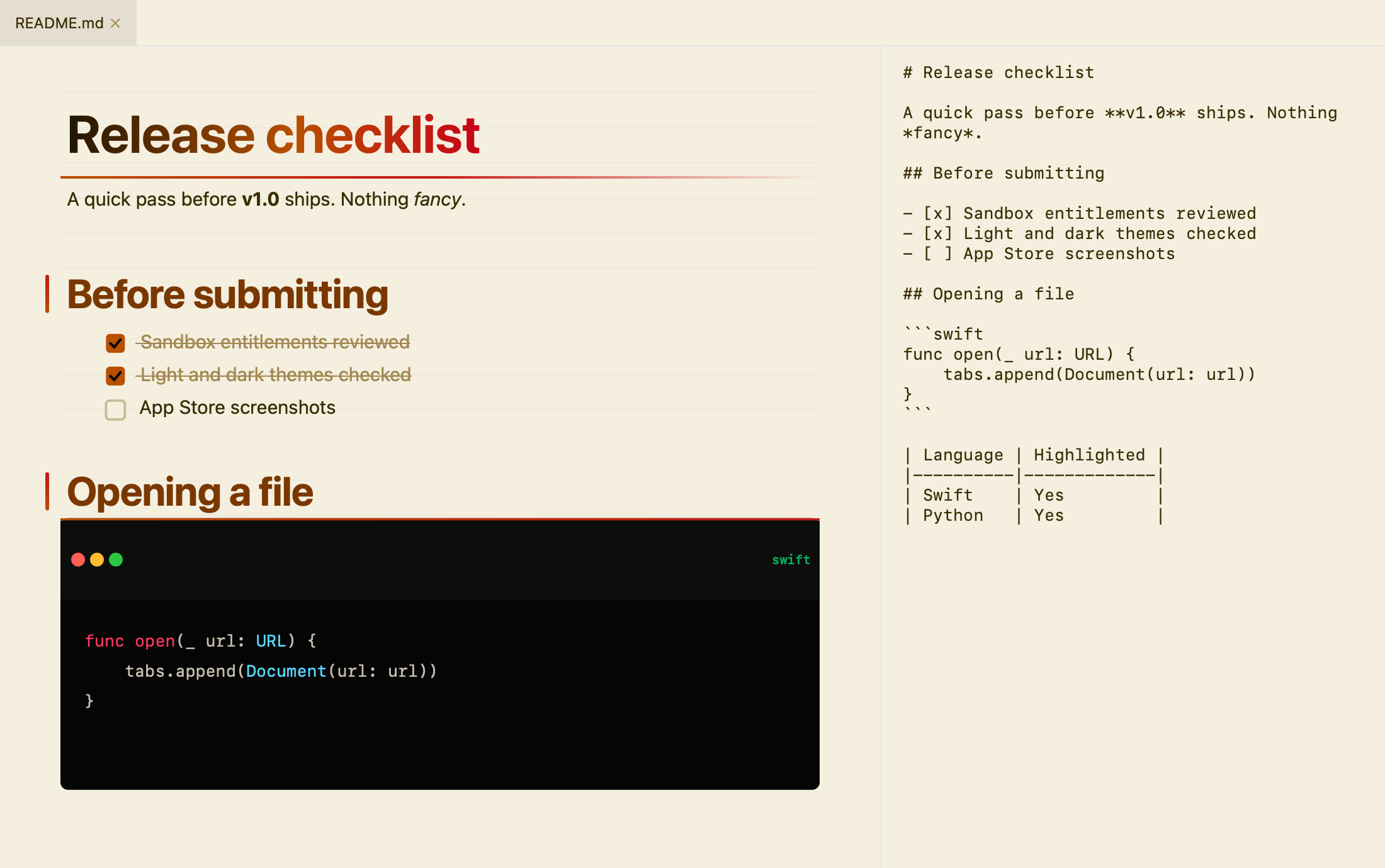 JustMD in light mode: the same checklist on warm paper, raw Markdown on the right.